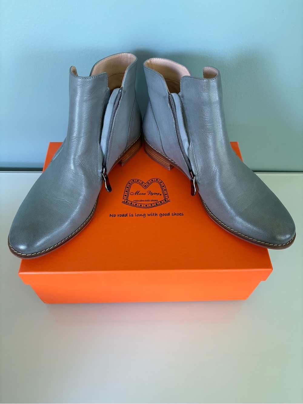 Women’s Gray Leather Ankle Booties with Side Zipper